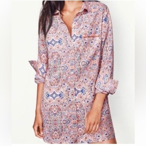 Victoria’s Secret Pink Paisley Long Sleeve Button Up Pajama Dress - Picture 1 of 10